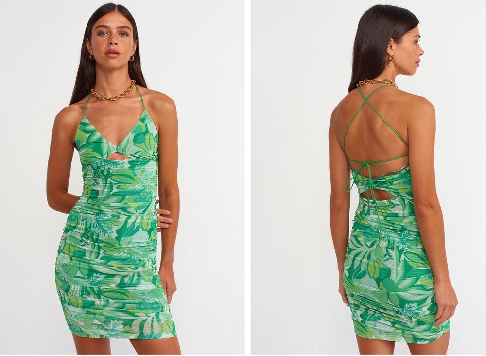 Rumor Mesh Ruched Stretch Strappy Bodycon Mini Dress 10 M Green Tropical Leaf